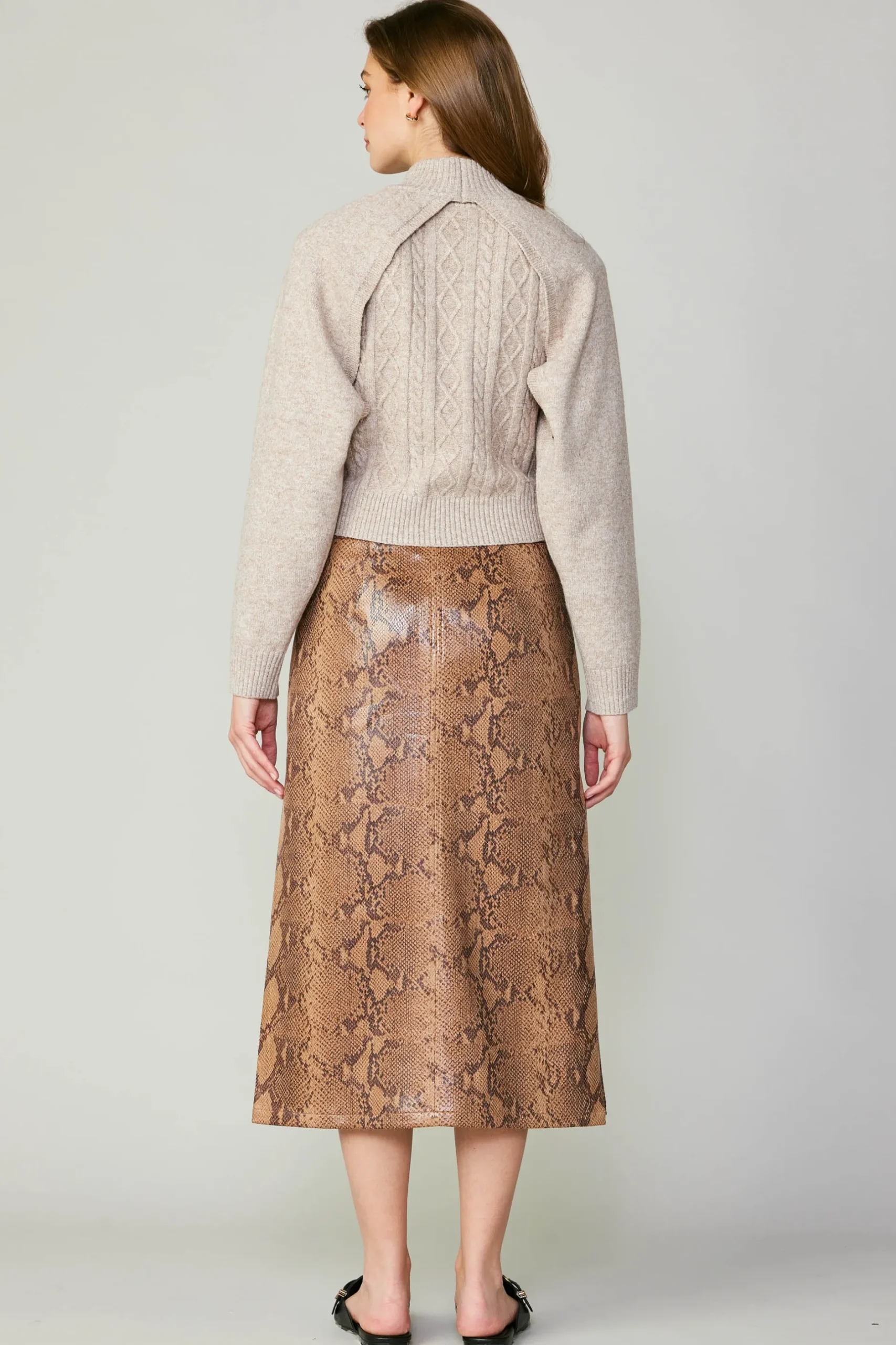 Skirts-Current Air Snake Print Midi Skirt SNAKESKINBROWN