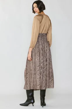 Skirts-Current Air Snake Print Midi Skirt BROWN