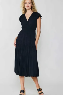 Midi Dresses-Current Air Sophia Flutter Sleeve Midi Dress BLACK