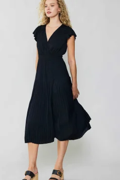 Midi Dresses-Current Air Sophia Flutter Sleeve Midi Dress BLACK