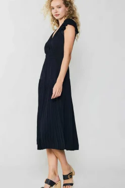 Midi Dresses-Current Air Sophia Flutter Sleeve Midi Dress BLACK