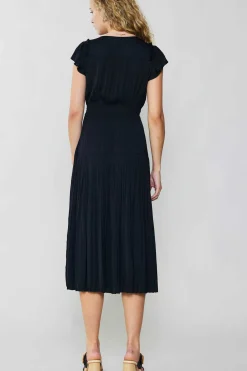 Midi Dresses-Current Air Sophia Flutter Sleeve Midi Dress BLACK