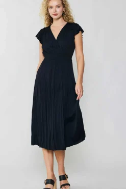 Midi Dresses-Current Air Sophia Flutter Sleeve Midi Dress BLACK