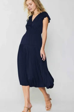 Midi Dresses-Current Air Sophia Flutter Sleeve Midi Dress NAVY