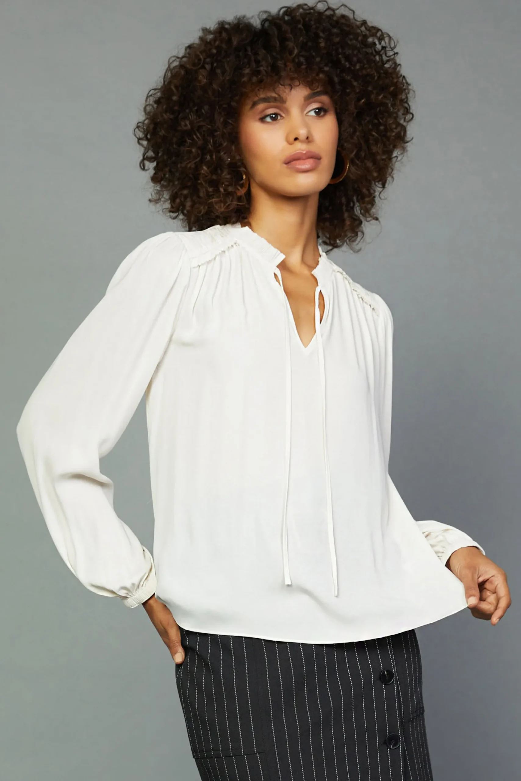 Long Sleeve Tops-Current Air Split Neck Blouse ECRU