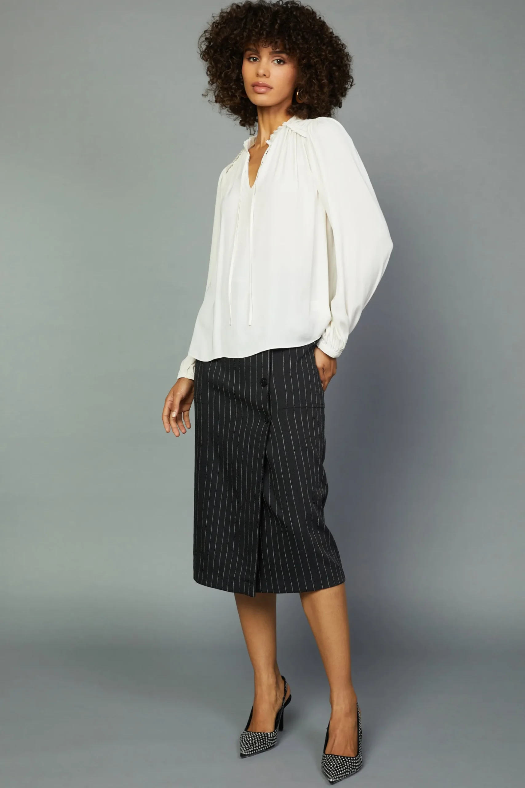 Long Sleeve Tops-Current Air Split Neck Blouse ECRU