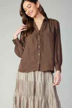 Long Sleeve Tops-Current Air Split Neck Buttoned Shirt COCOA