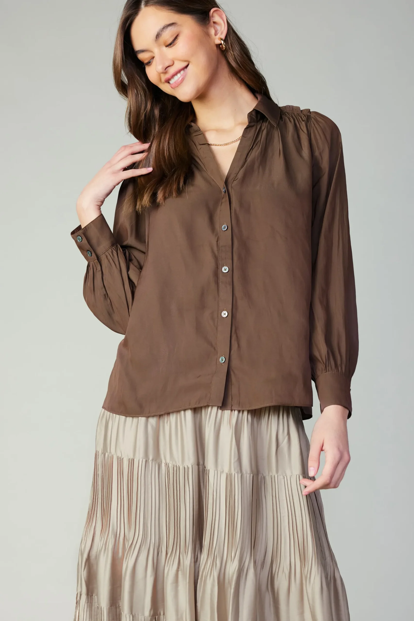 Long Sleeve Tops-Current Air Split Neck Buttoned Shirt COCOA