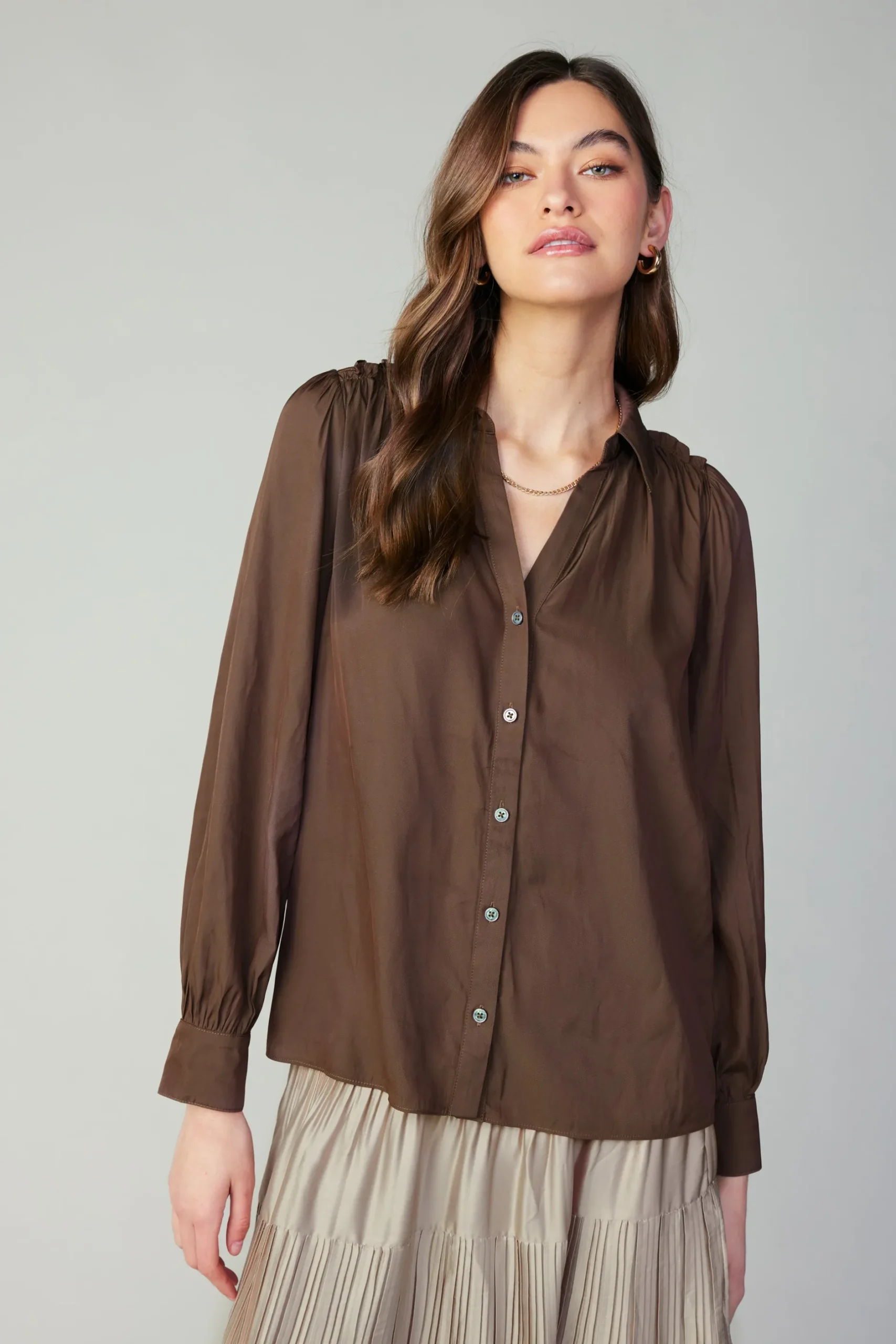 Long Sleeve Tops-Current Air Split Neck Buttoned Shirt COCOA