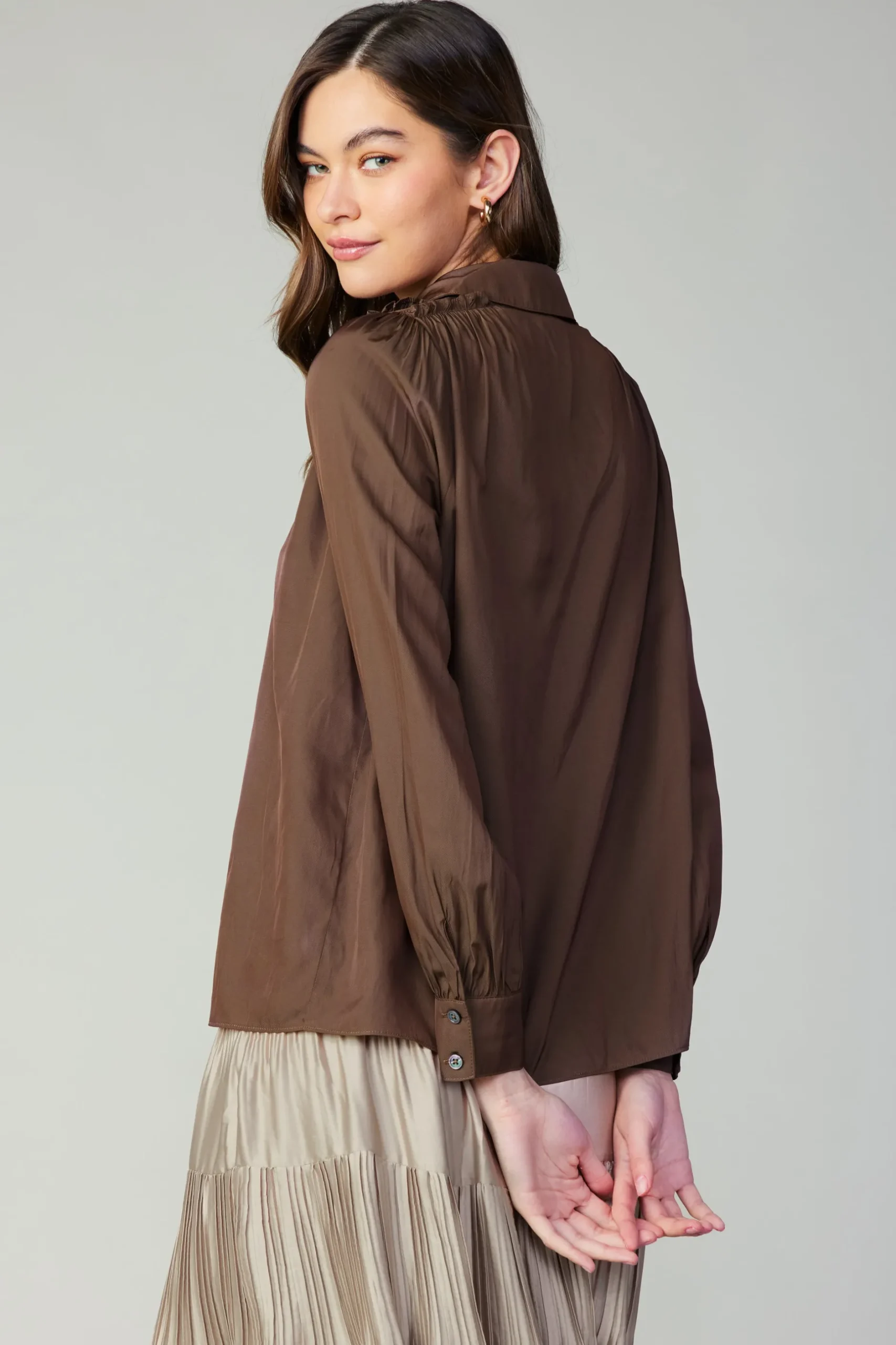 Long Sleeve Tops-Current Air Split Neck Buttoned Shirt COCOA