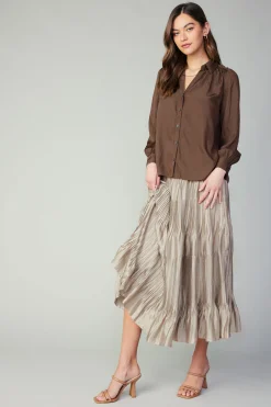 Long Sleeve Tops-Current Air Split Neck Buttoned Shirt COCOA