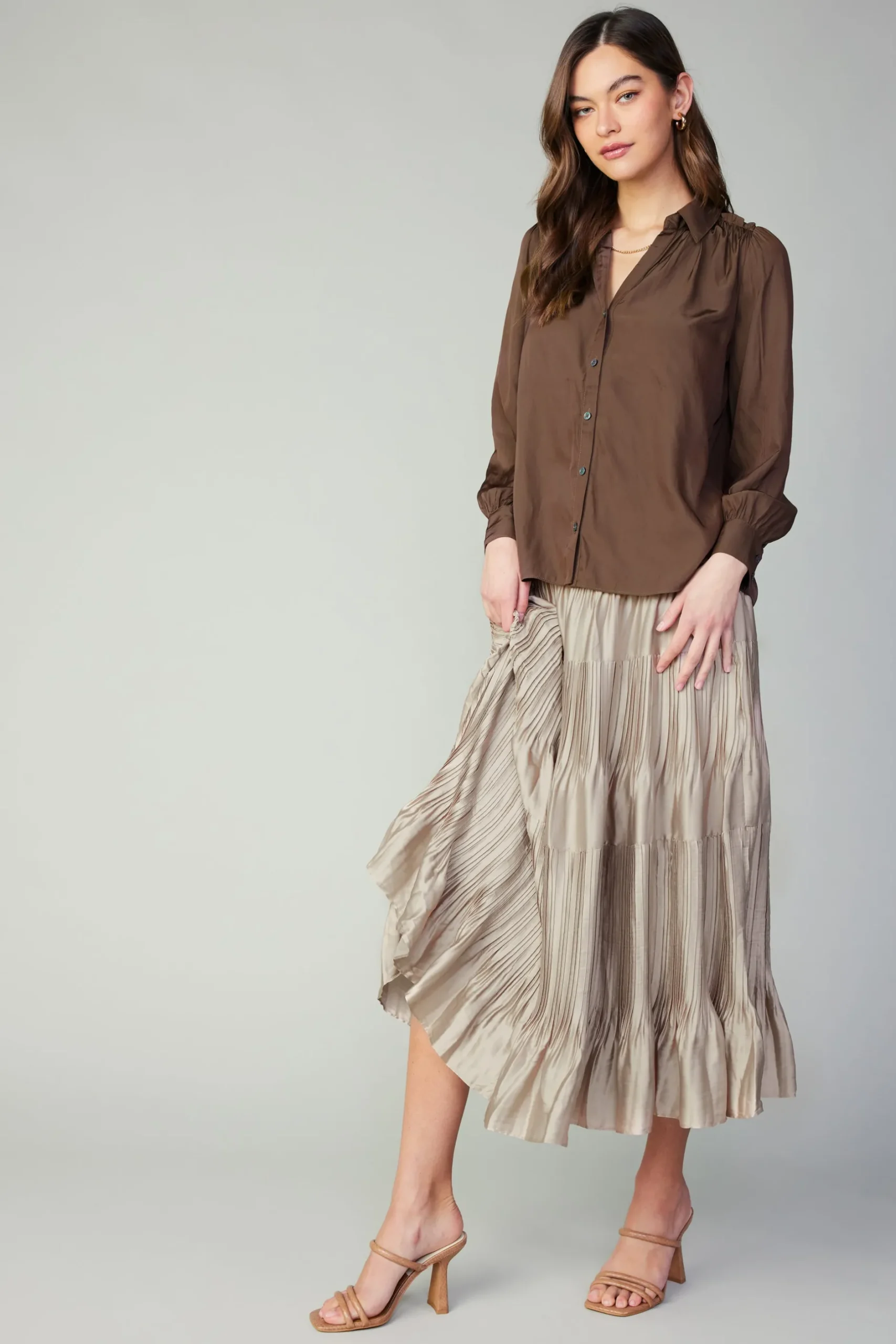 Long Sleeve Tops-Current Air Split Neck Buttoned Shirt COCOA