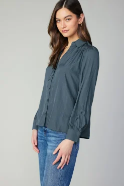 Long Sleeve Tops-Current Air Split Neck Buttoned Shirt FORESTGREEN