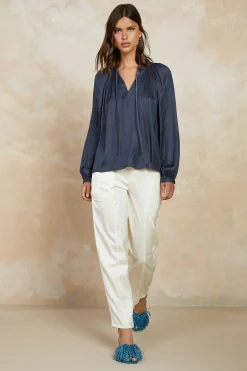 Long Sleeve Tops-Current Air Split Neck Long Sleeve Top CHARCOAL