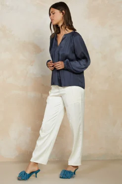 Long Sleeve Tops-Current Air Split Neck Long Sleeve Top CHARCOAL