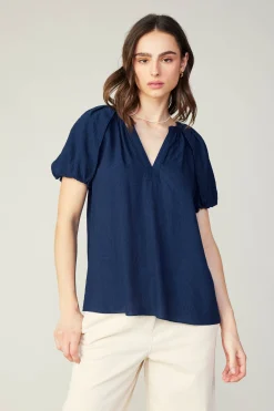 Short Sleeve Tops-Current Air Split Neckline Top NAVY
