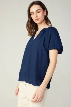Short Sleeve Tops-Current Air Split Neckline Top NAVY