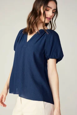 Short Sleeve Tops-Current Air Split Neckline Top NAVY