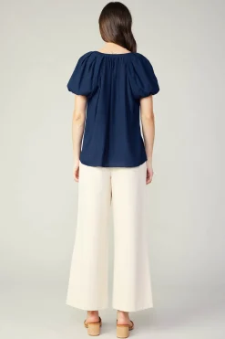 Short Sleeve Tops-Current Air Split Neckline Top NAVY