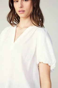 Short Sleeve Tops-Current Air Split Neckline Top WHITE