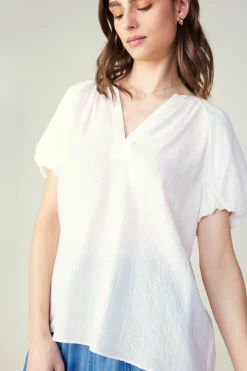 Short Sleeve Tops-Current Air Split Neckline Top WHITE
