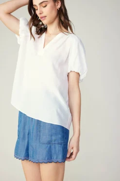 Short Sleeve Tops-Current Air Split Neckline Top WHITE