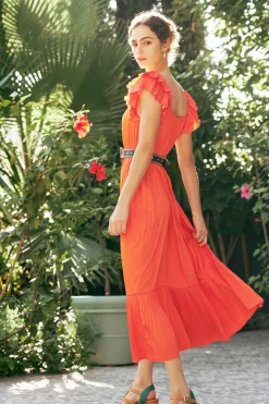 Midi Dresses-Current Air Square Neck Flutter Sleeve Midi Dress ORANGERED