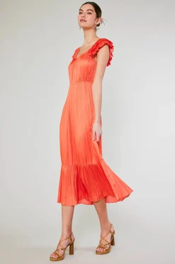 Midi Dresses-Current Air Square Neck Flutter Sleeve Midi Dress ORANGERED