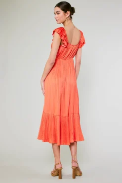 Midi Dresses-Current Air Square Neck Flutter Sleeve Midi Dress ORANGERED
