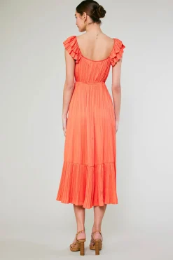 Midi Dresses-Current Air Square Neck Flutter Sleeve Midi Dress ORANGERED