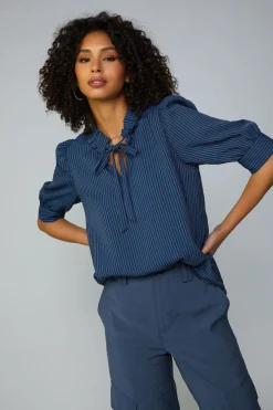 Short Sleeve Tops-Current Air Striped Structured Sleeve Blouse NAVY