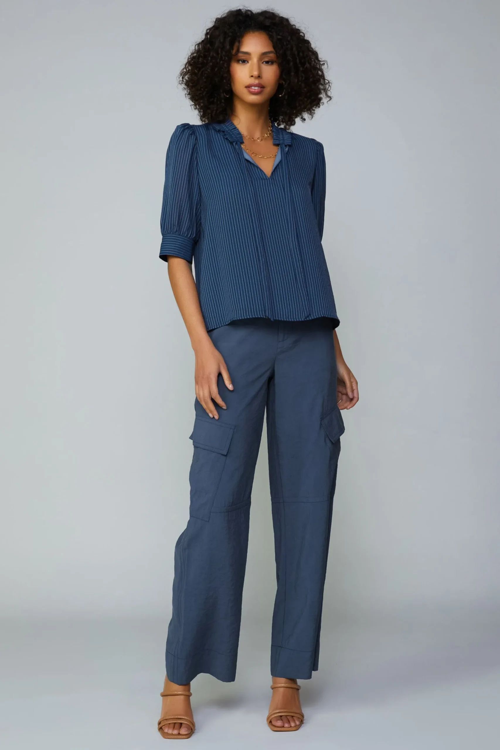 Short Sleeve Tops-Current Air Striped Structured Sleeve Blouse NAVY