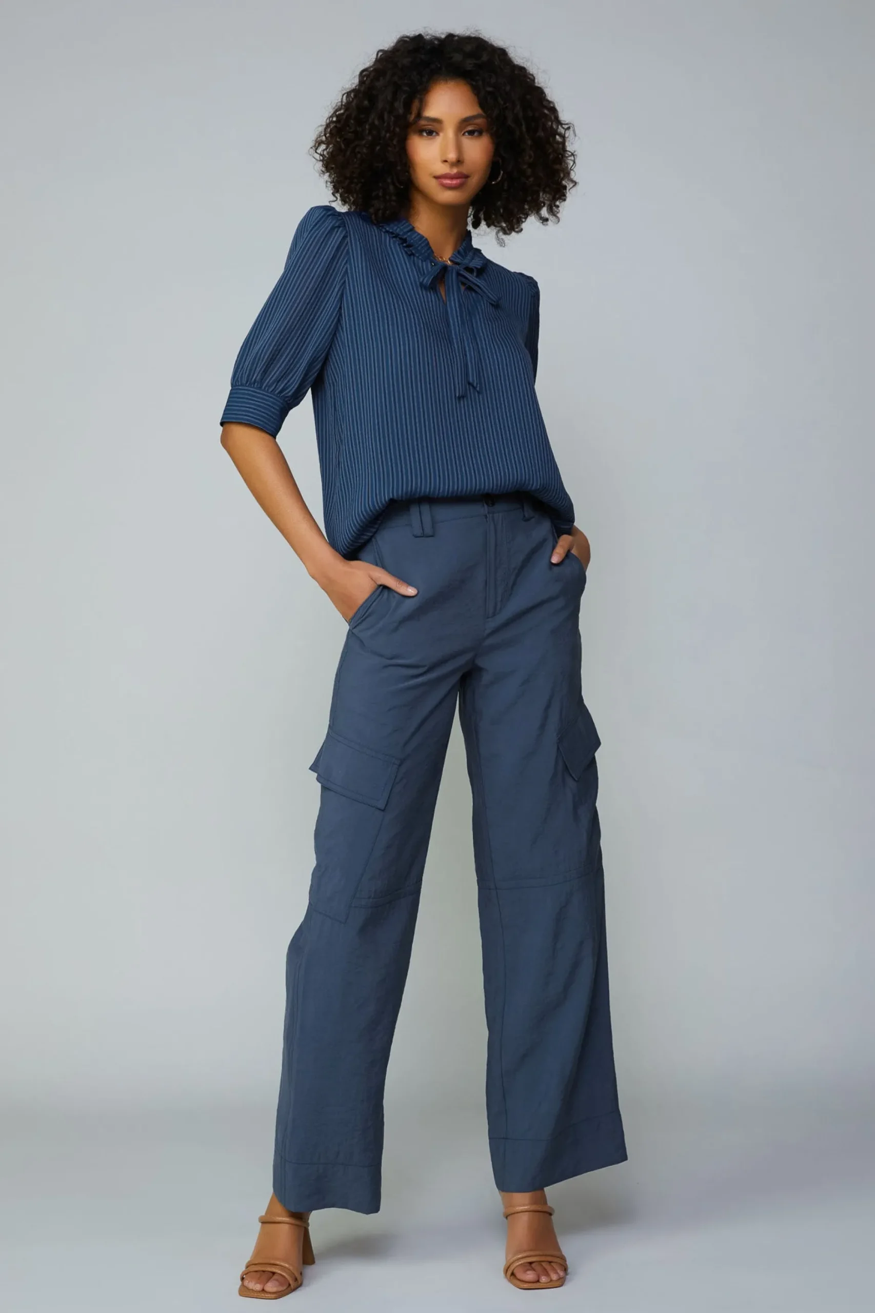 Short Sleeve Tops-Current Air Striped Structured Sleeve Blouse NAVY