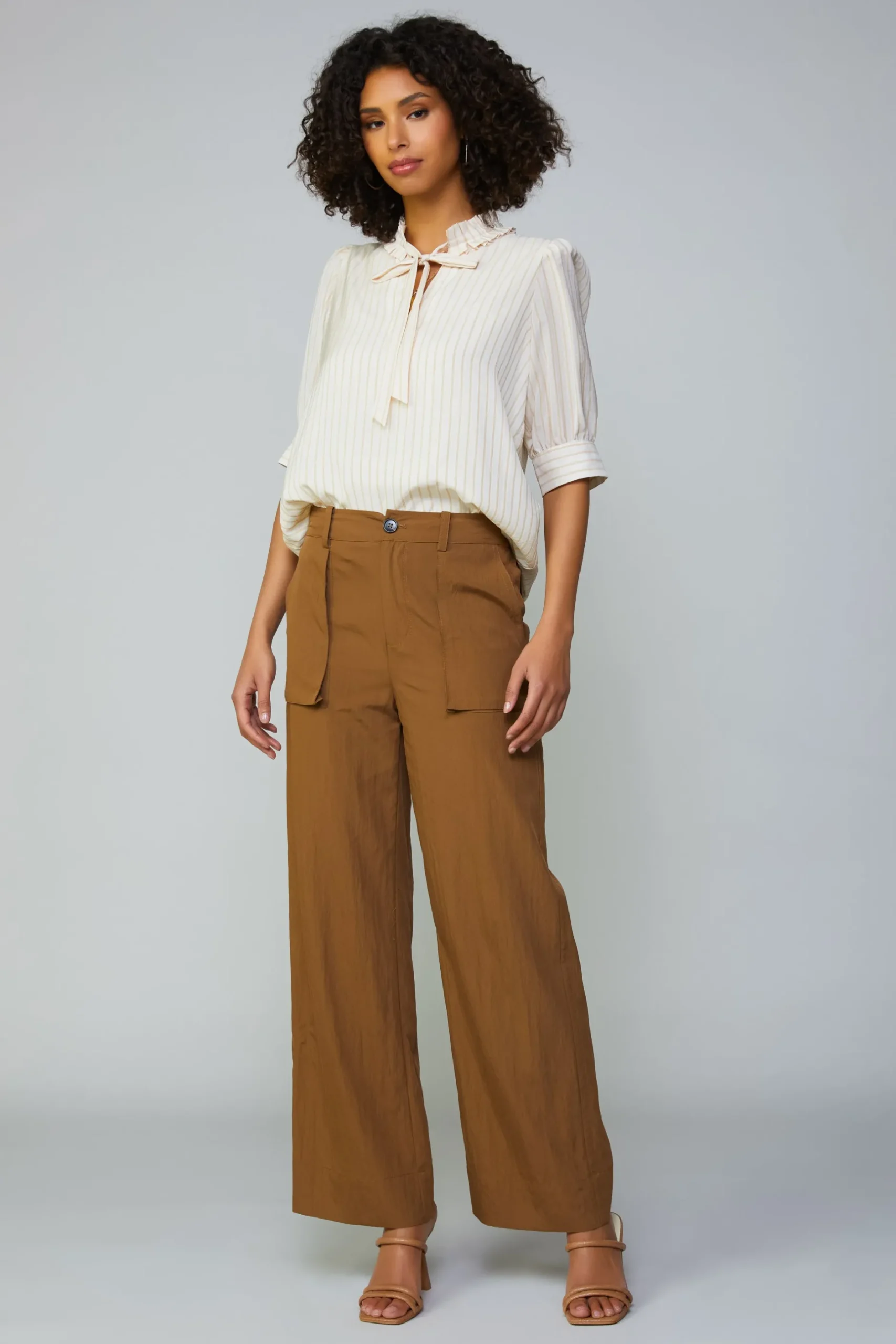 Short Sleeve Tops-Current Air Striped Structured Sleeve Blouse NATURALSTRIPE