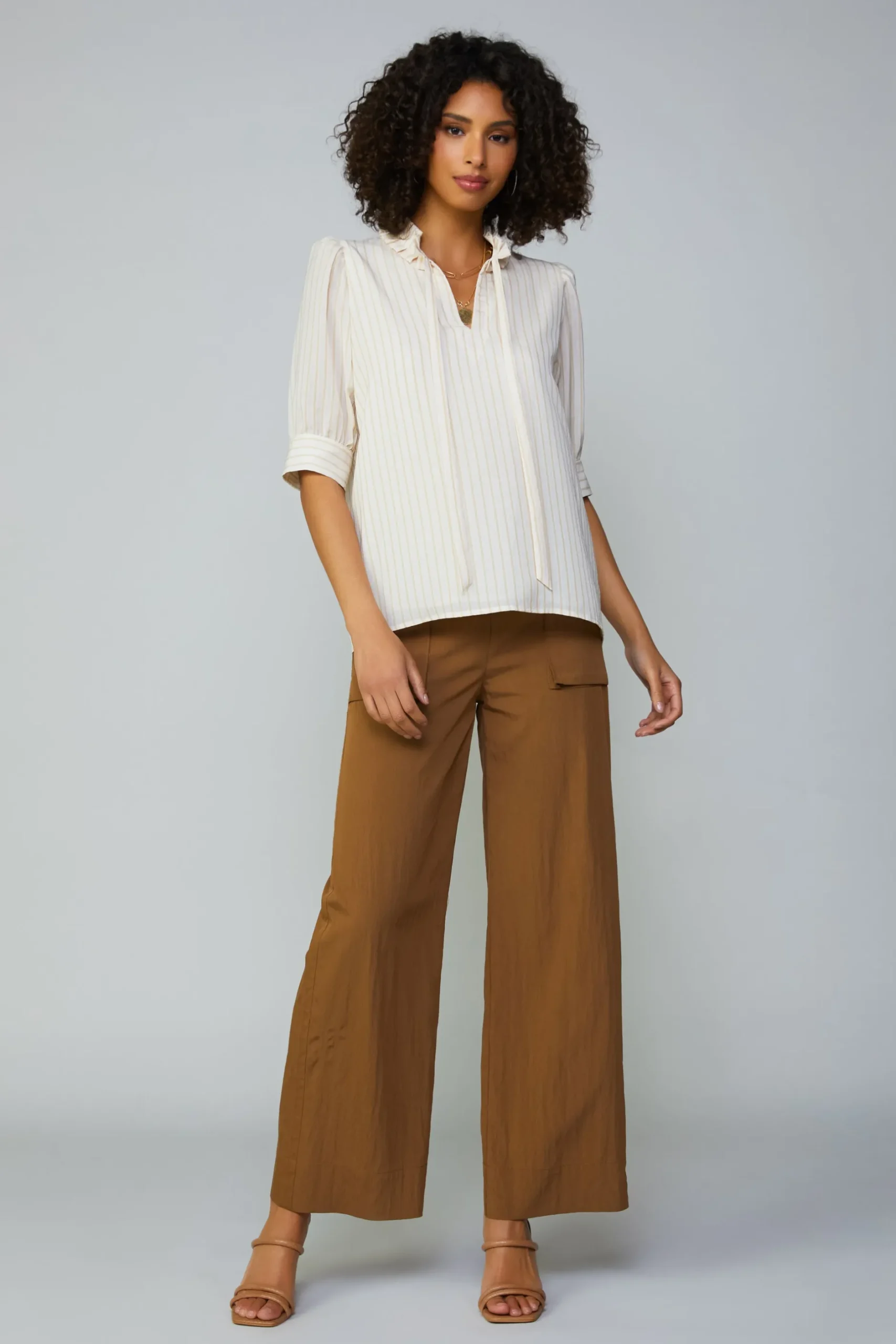 Short Sleeve Tops-Current Air Striped Structured Sleeve Blouse NATURALSTRIPE