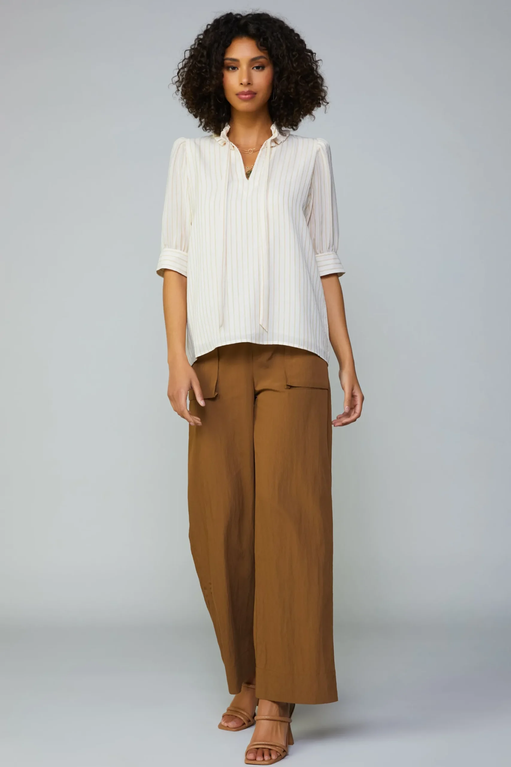 Short Sleeve Tops-Current Air Striped Structured Sleeve Blouse NATURALSTRIPE