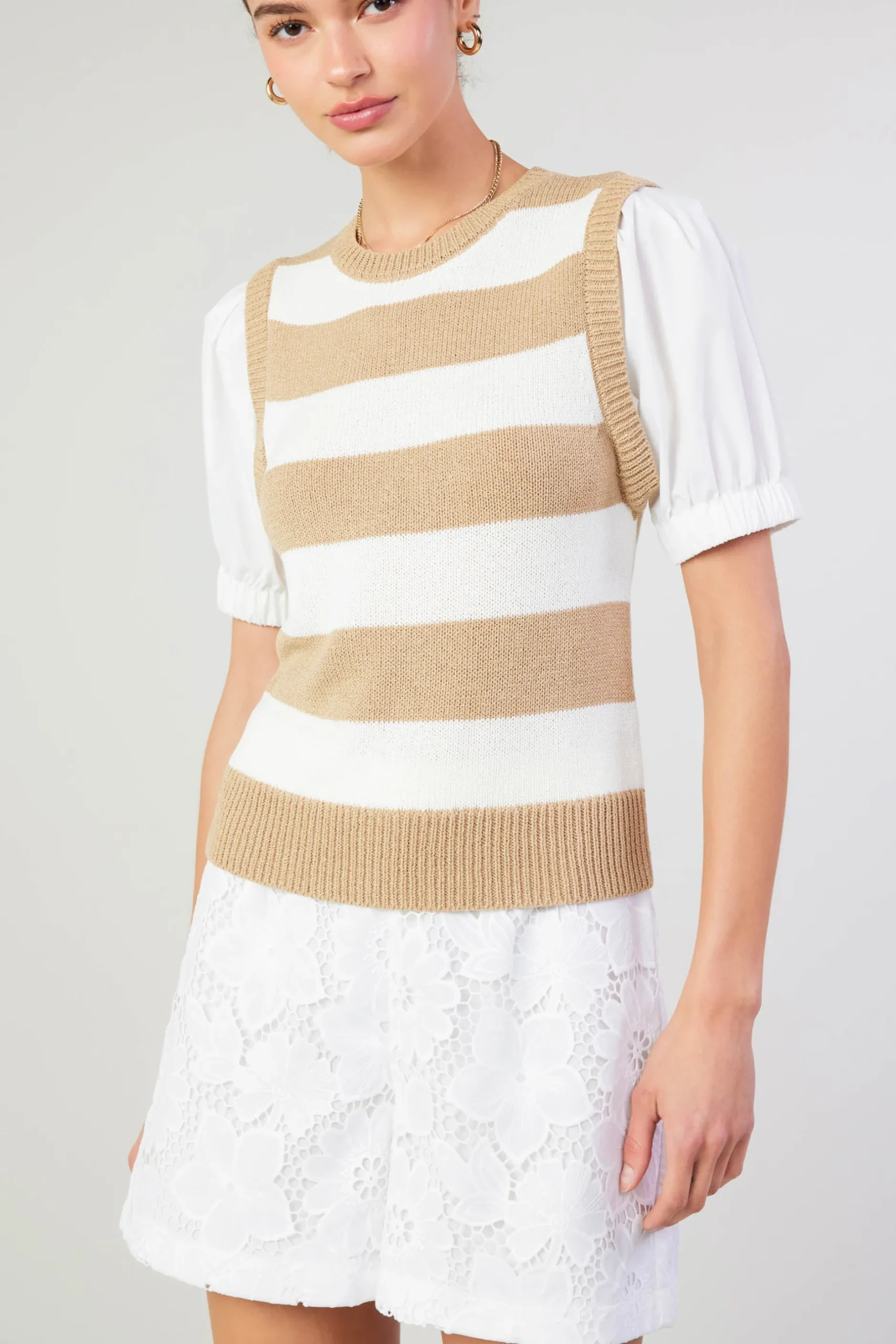 Knitwear|Short Sleeve Tops-Current Air Striped Sweater Top TAUPE