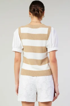 Knitwear|Short Sleeve Tops-Current Air Striped Sweater Top TAUPE
