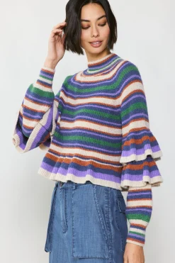 Sweaters-Current Air Striped Tiered Sleeve Sweater PURPLEGREEN