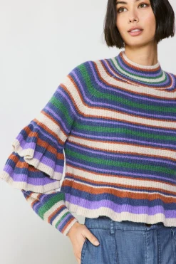 Sweaters-Current Air Striped Tiered Sleeve Sweater PURPLEGREEN