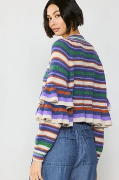 Sweaters-Current Air Striped Tiered Sleeve Sweater PURPLEGREEN