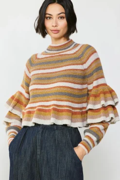 Sweaters-Current Air Striped Tiered Sleeve Sweater MUSTARDMLT