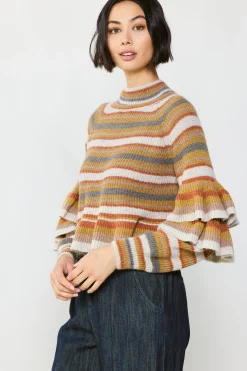 Sweaters-Current Air Striped Tiered Sleeve Sweater MUSTARDMLT