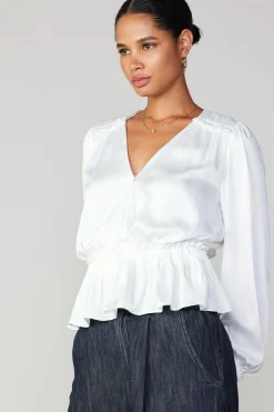 Long Sleeve Tops-Current Air Surplice Peplum Blouse WHITE