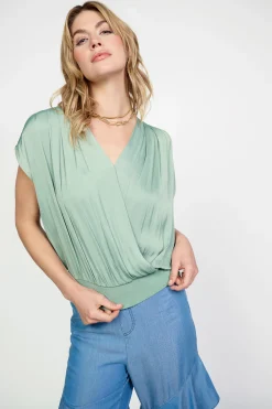 Sleeveless Tops|Short Sleeve Tops-Current Air Surplice Sleeveless Blouse SAGE