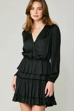 Mini Dresses-Current Air Surplice Tiered Mini Dress BLACK