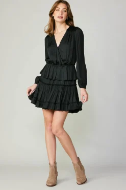 Mini Dresses-Current Air Surplice Tiered Mini Dress BLACK
