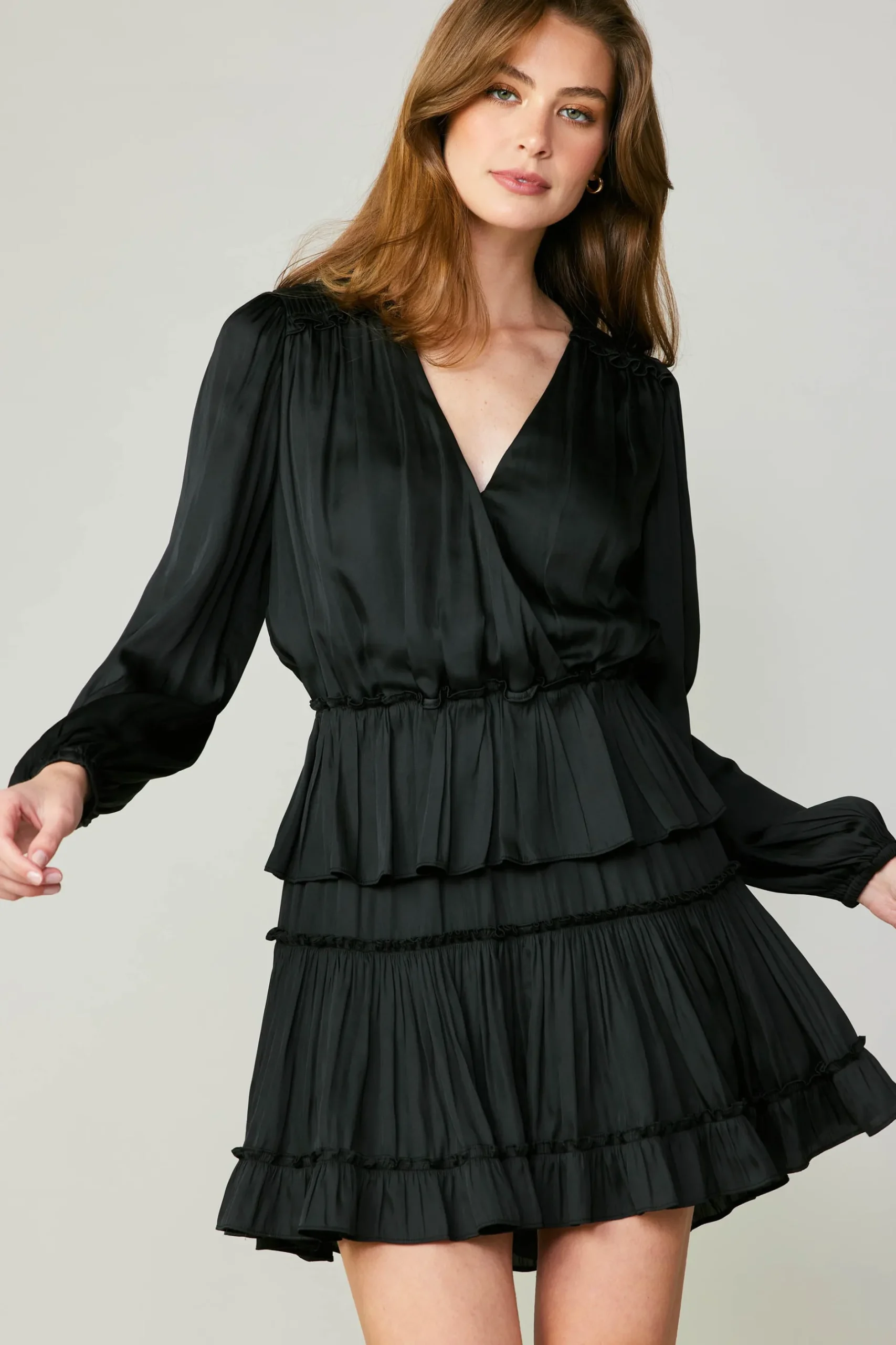 Mini Dresses-Current Air Surplice Tiered Mini Dress BLACK