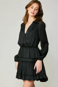 Mini Dresses-Current Air Surplice Tiered Mini Dress BLACK
