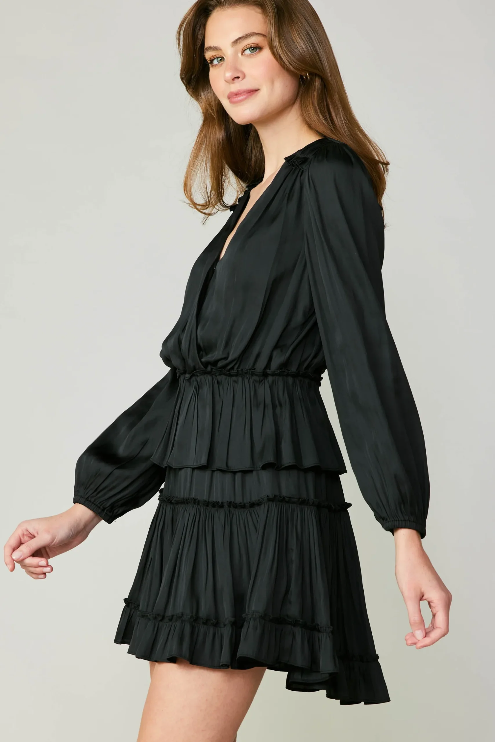 Mini Dresses-Current Air Surplice Tiered Mini Dress BLACK